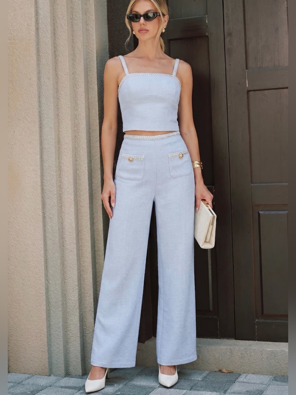 Commense Light Blue Textured Crop Cami Top & Pants Set